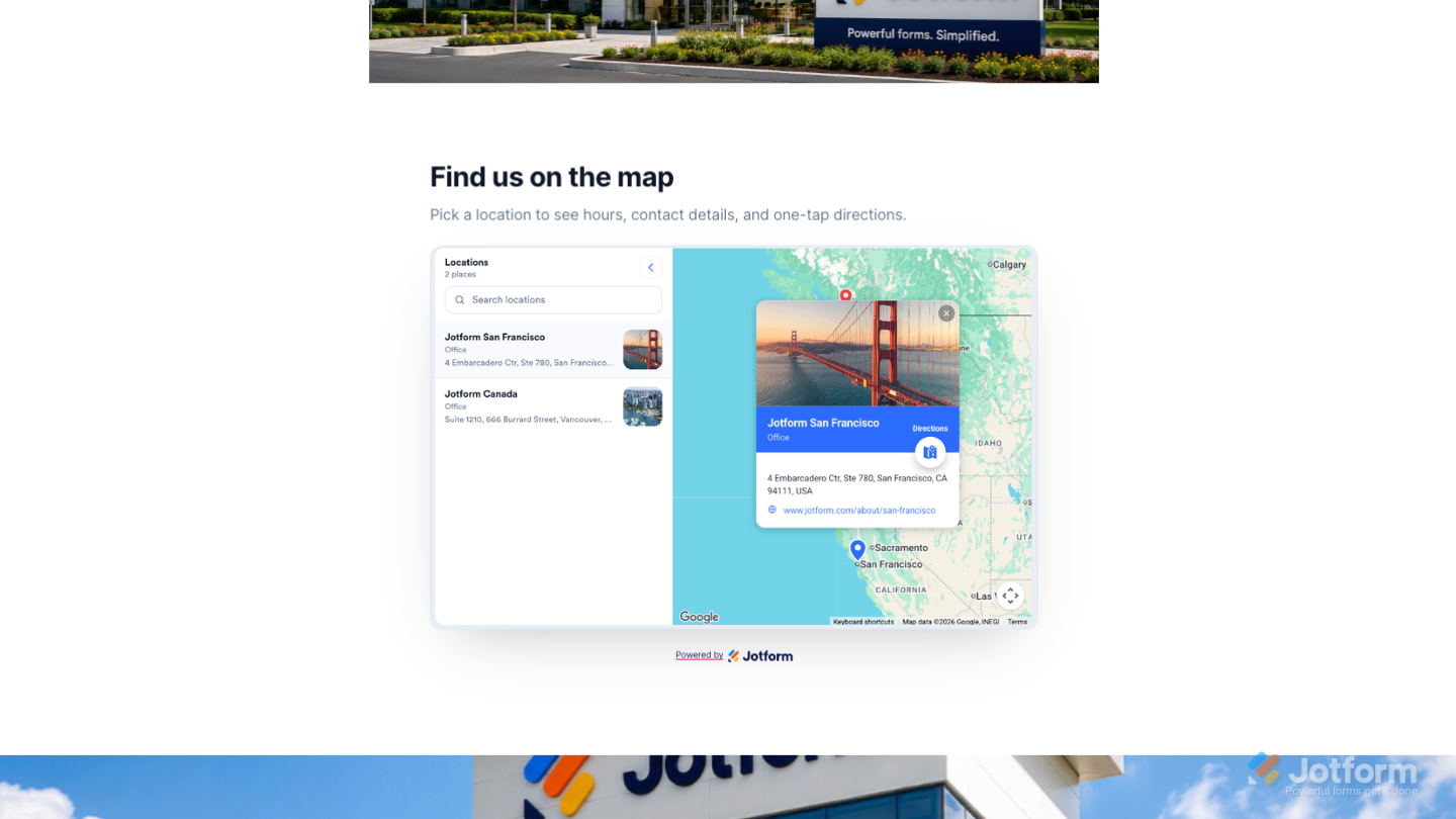 Google Maps widget embedded on a sample website displaying customizable map locations with markers and location details