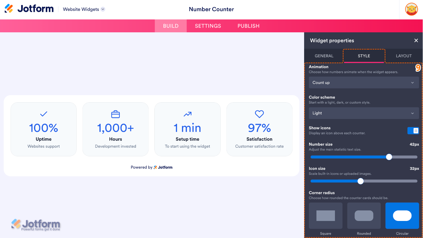 Customizing the counter widget’s animation, colors, icon, number size, and corner radius under the Styles tab