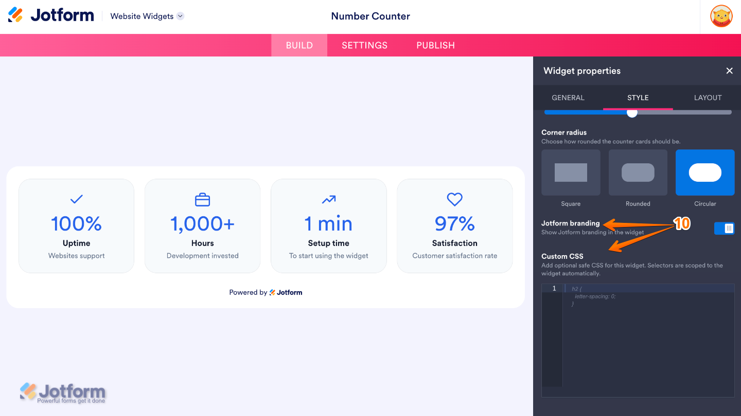 Counter widget settings showing Jotform Branding and Custom CSS options