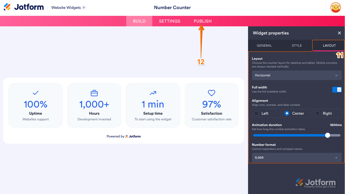 Configuring the Number Counter widget layout by adjusting the counter arrangement, width, alignment, animation duration, number format, and clicking Publish