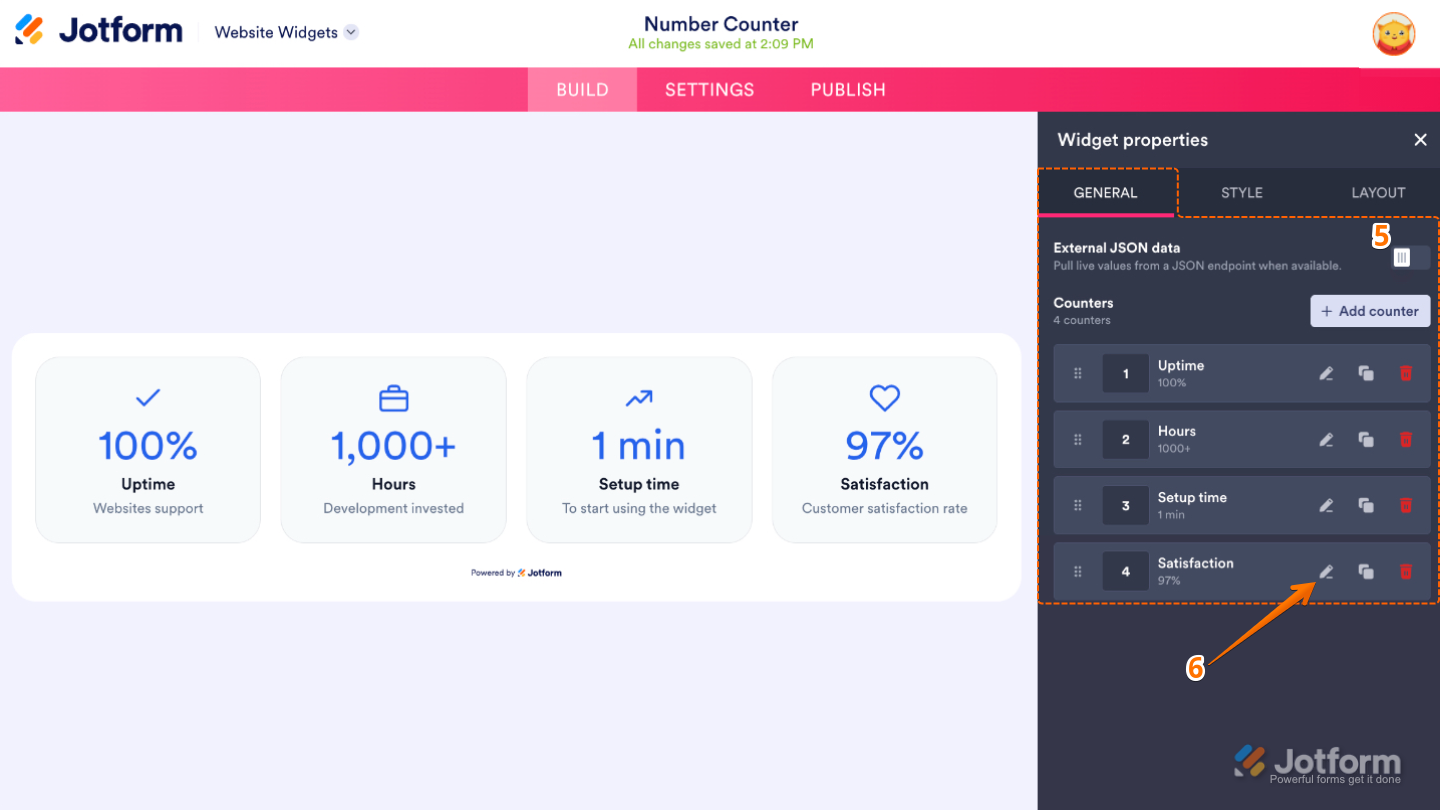Configuring the Counters widget with external JSON data and options to add, edit, duplicate, or delete counters