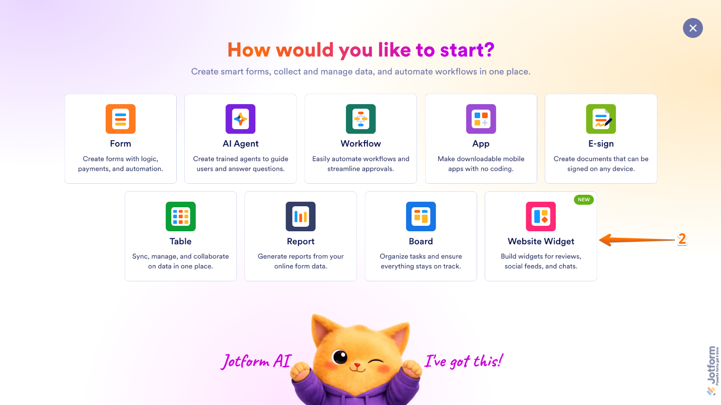 Create menu displaying the Website Widget option ready to be selected