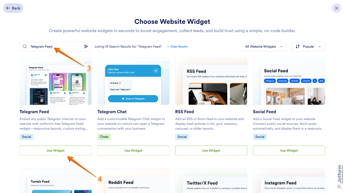 Choose Website Widget page showing the Telegram Feed widget searched in the search bar with the Use Widget button