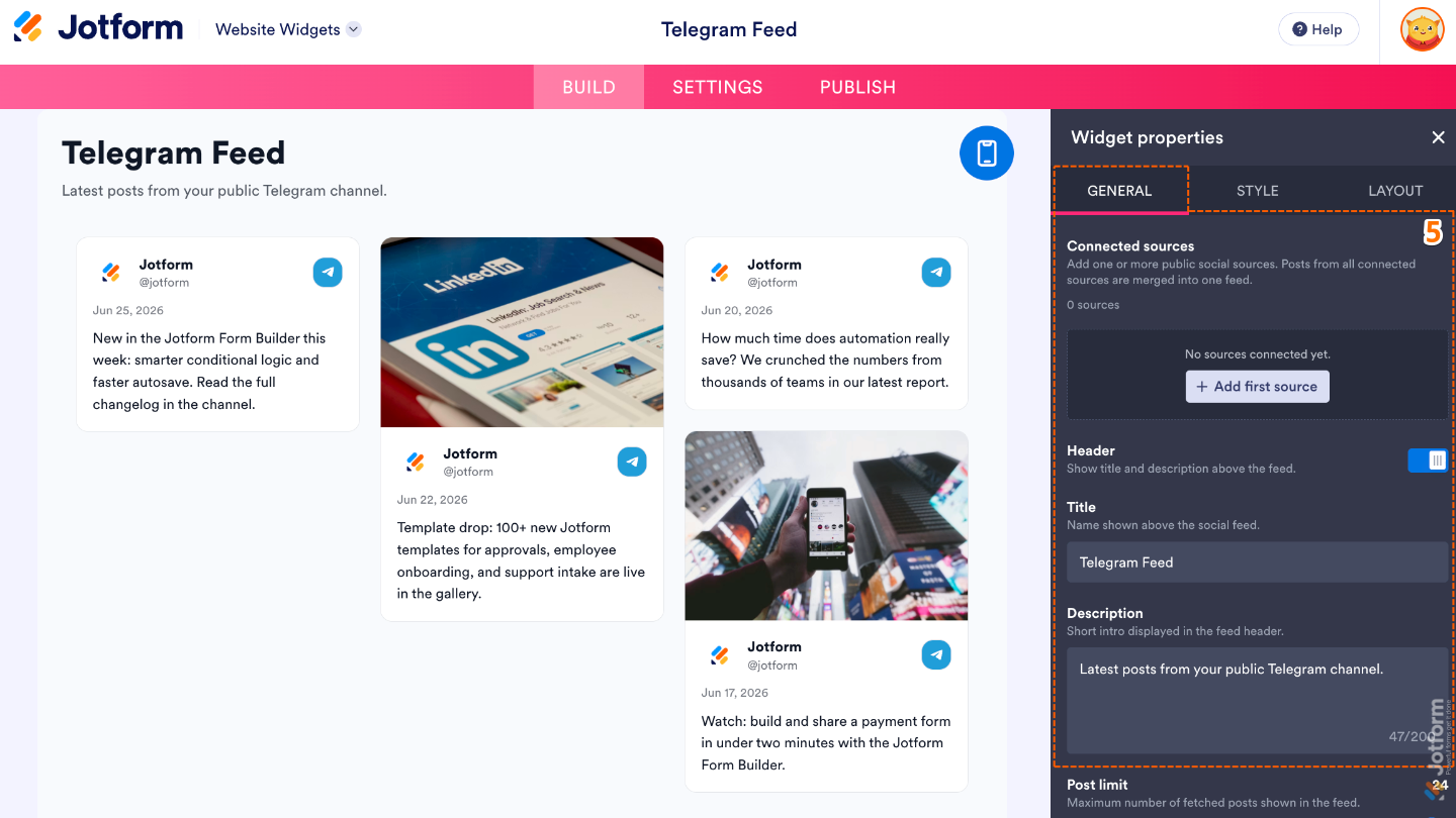 Telegram Feed widget General settings showing Connected Sources, Header, Title, and Description options
