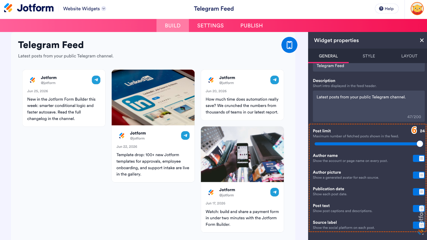 Configuring the Telegram Feed widget by setting the post limit and choosing which post details, such as the author, publication date, and text, are displayed