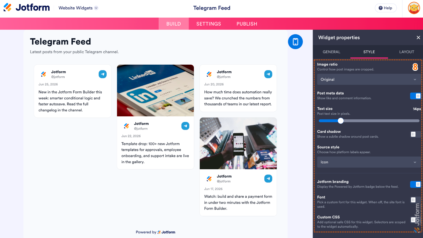 Customizing the Telegram Feed widget by adjusting image display, post metadata, text size, card shadow, source style, branding, fonts, and custom CSS