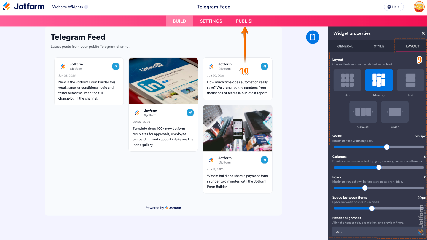 Configuring the Telegram Feed widget by adjusting the layout, feed dimensions, spacing, and header alignment before clicking Publish