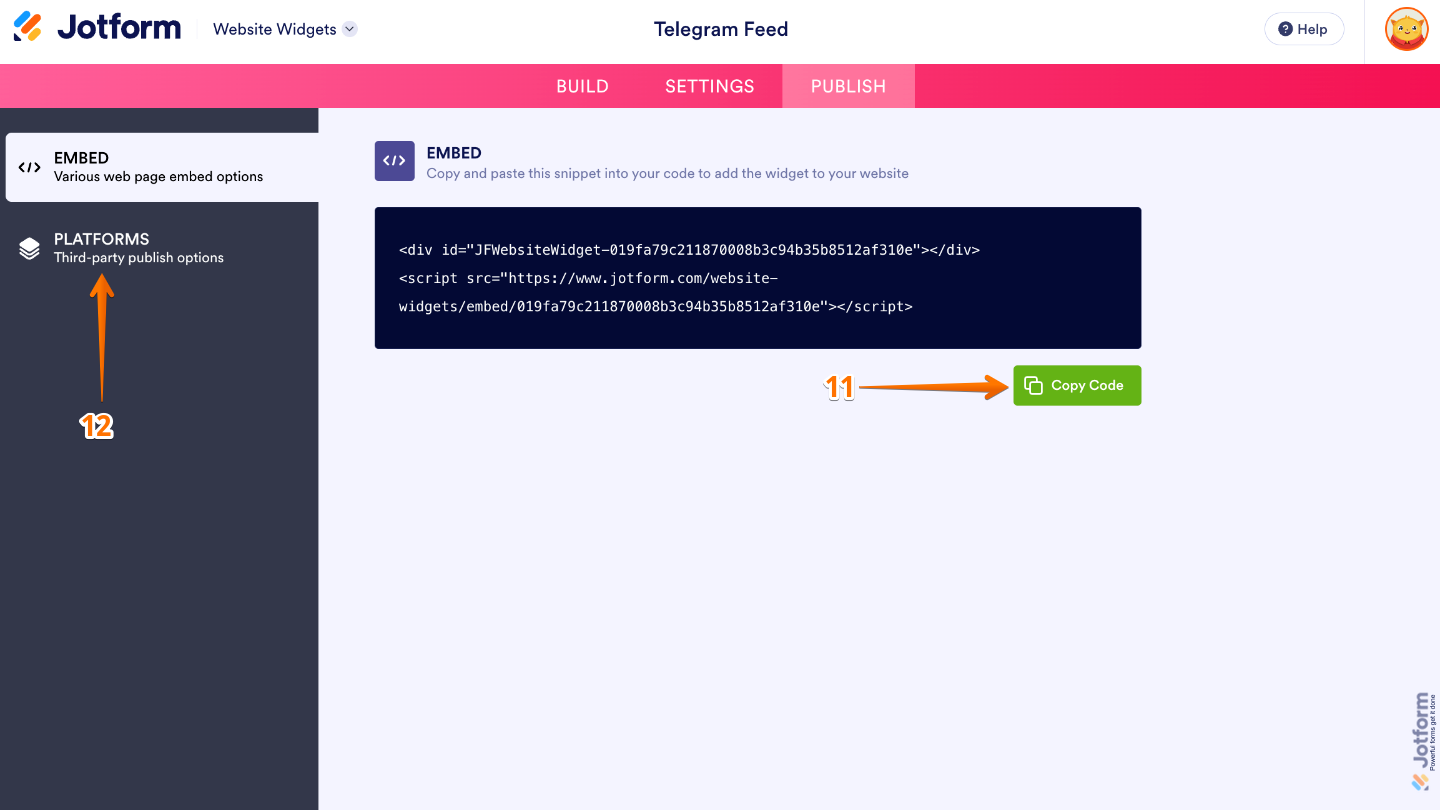 Copying the Telegram Feed widget embed code or selecting Platforms to view platform-specific embedding instructions