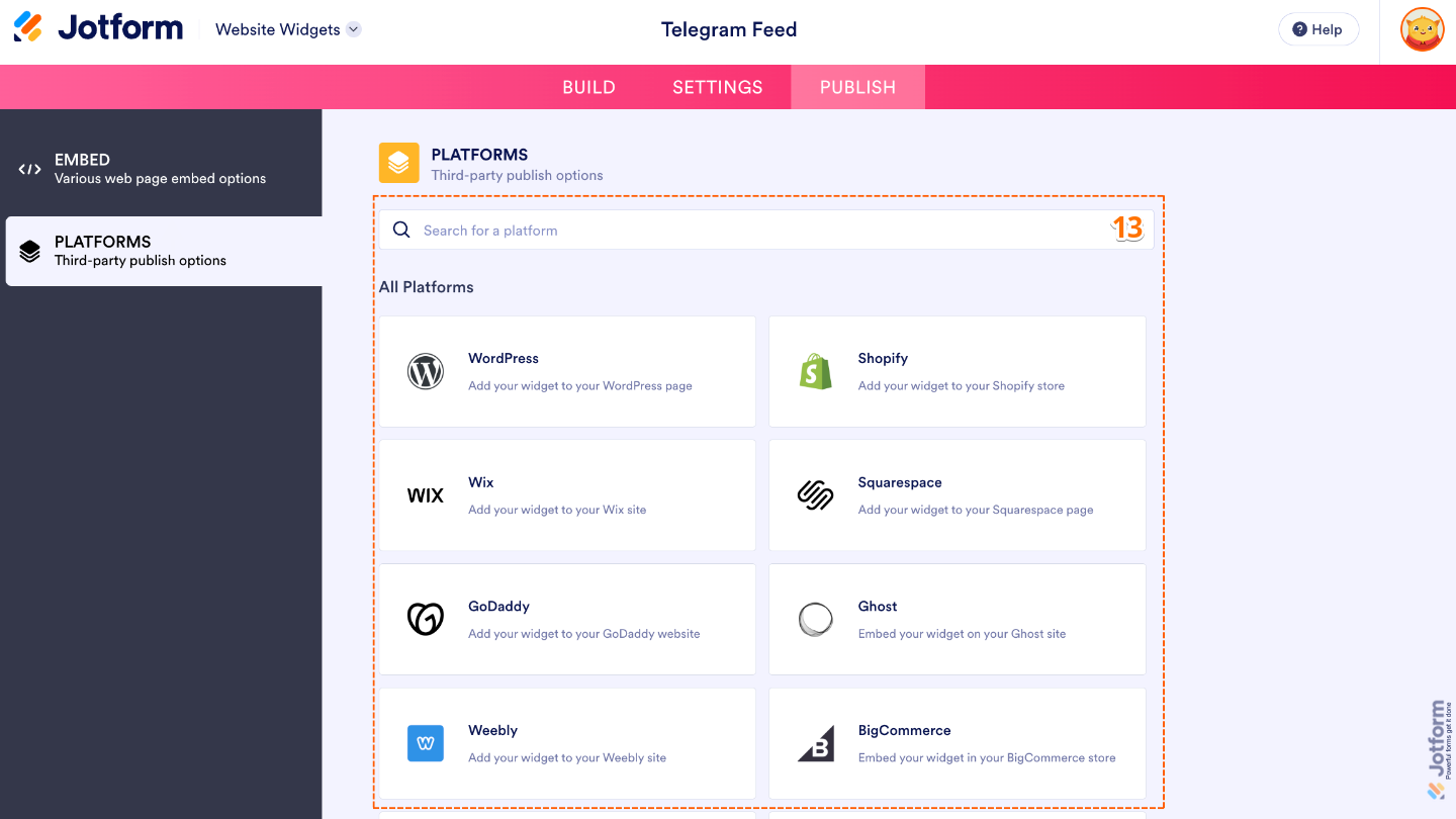Selecting a website platform or using the search bar in the Platforms section to view Telegram Feed widget embedding instructions
