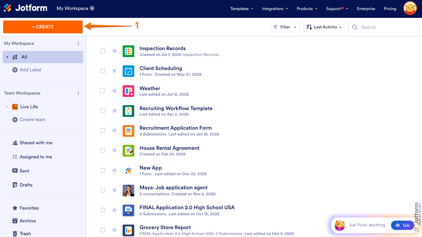 Workspace page highlighting the Create button in the top-left corner to start creating a new project