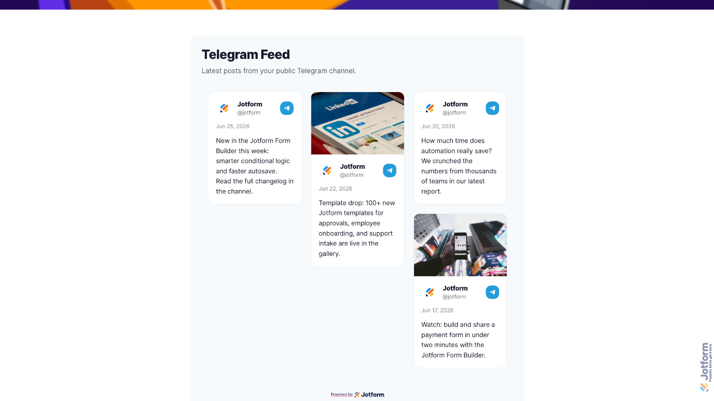 Sample website showing the Telegram Feed widget with the selected layout, styling, and recent Telegram posts