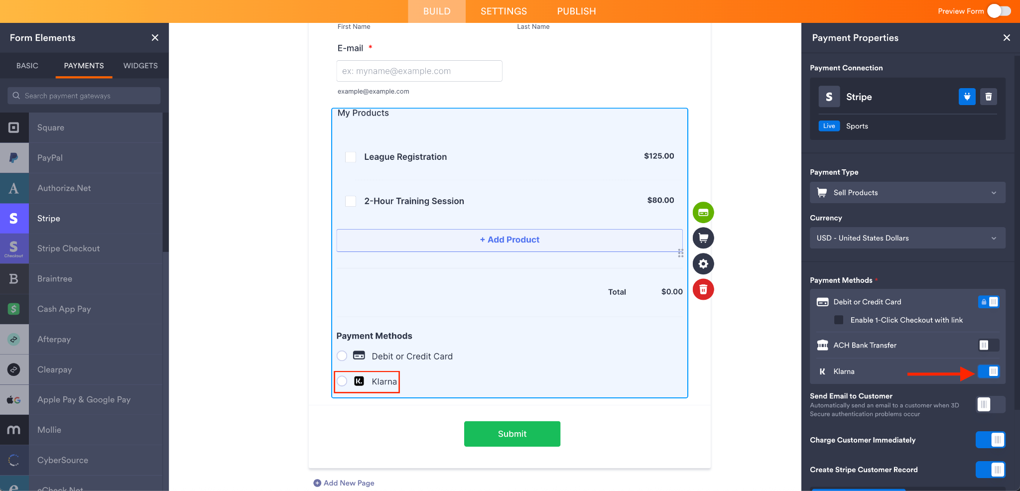 Toggling the Klarna switch under the Payment Methods listing