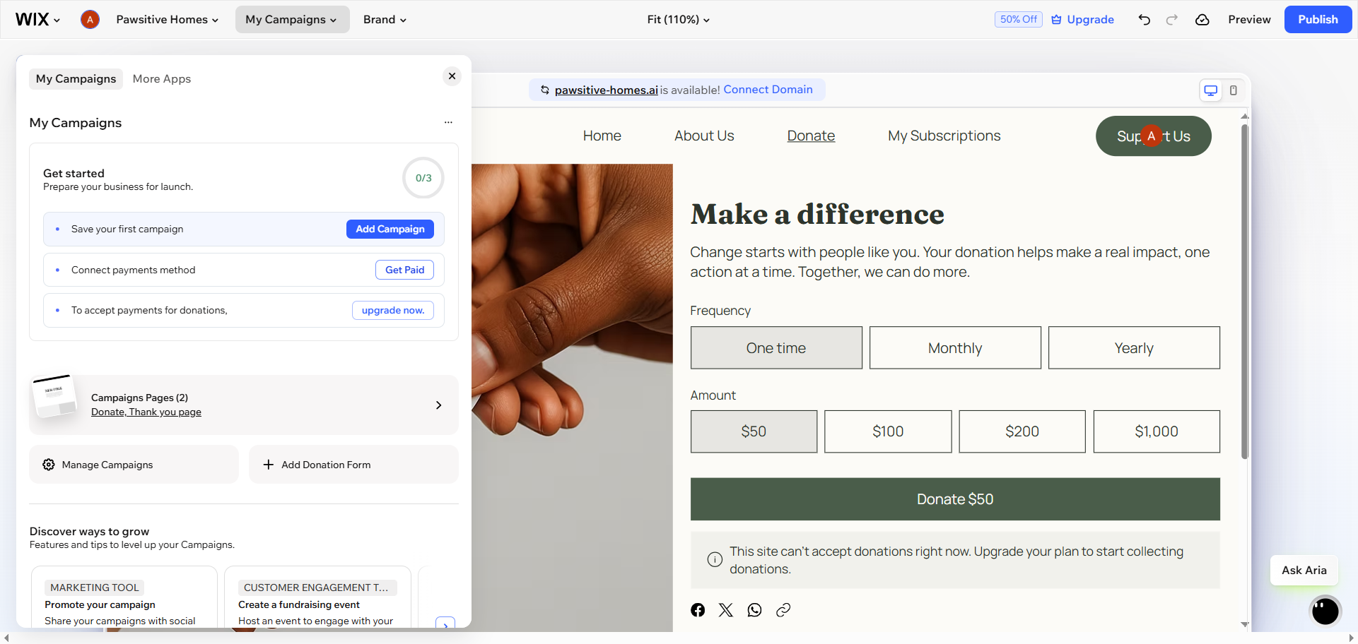 Wix Donations page displaying a donation form with preset donation amounts and campaign settings