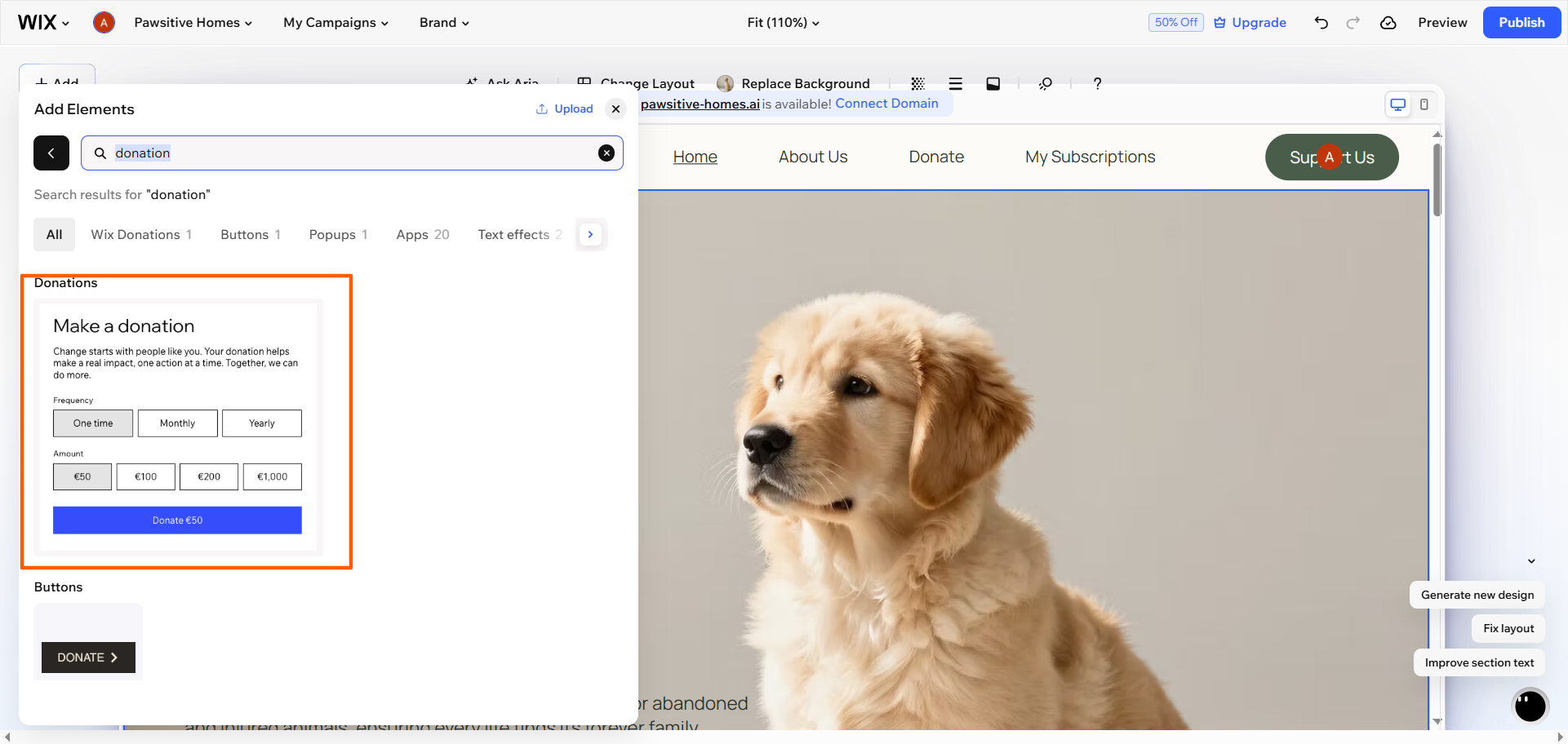 Wix Editor form options showing a donation form template available to add
