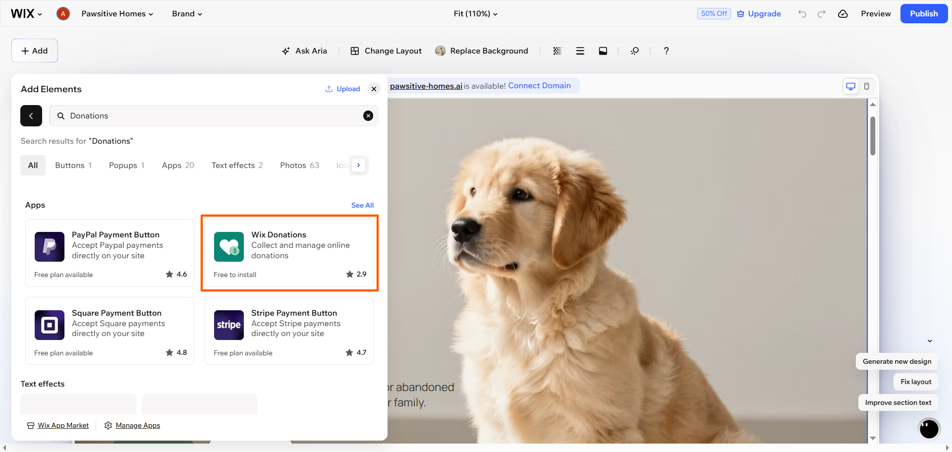 Wix App Market search results showing the Wix Donations app ready to install