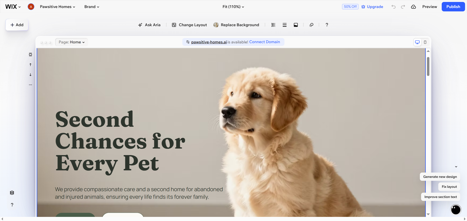 Wix Editor homepage with a pet rescue website open before adding a donation form