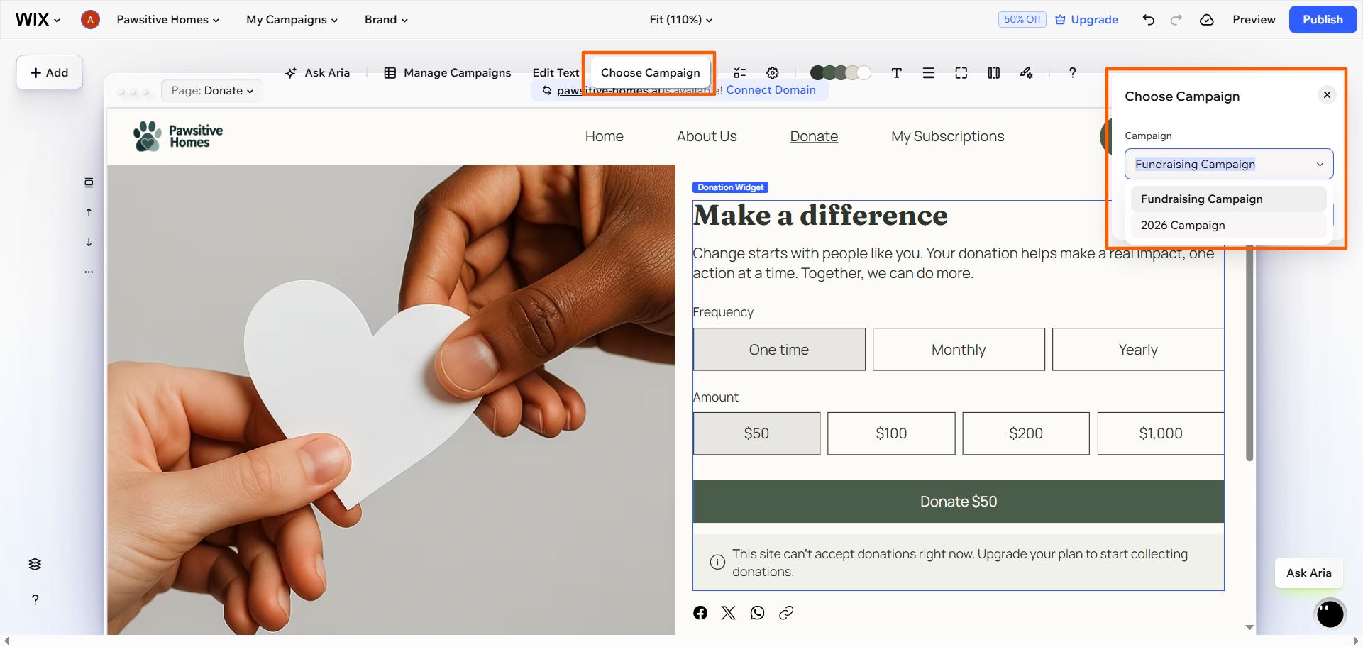 Wix Editor donation page with the Donation Form settings menu open to select a donation campaign
