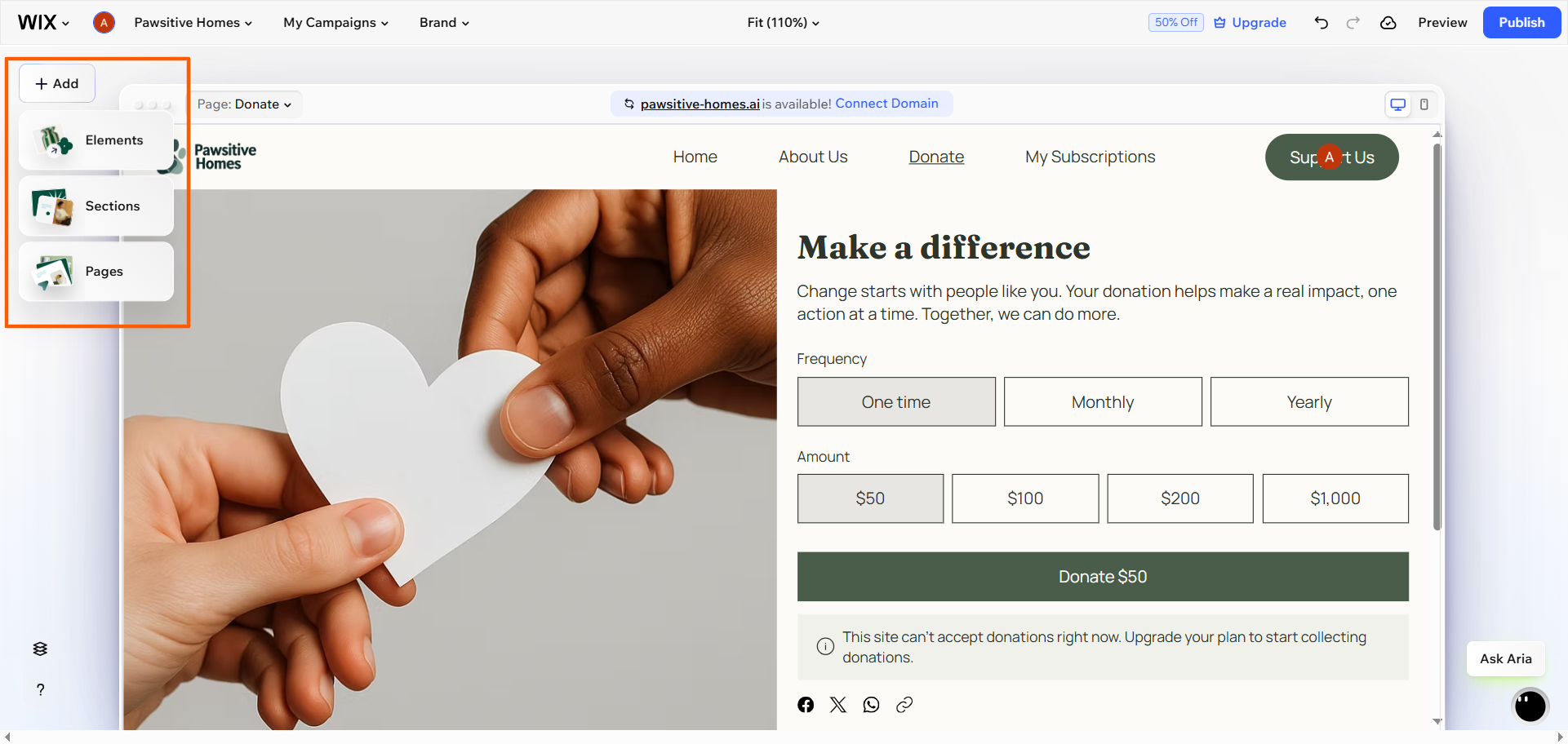 Wix Editor donation page with the Add panel open, showing options to customize the donation form's design and content