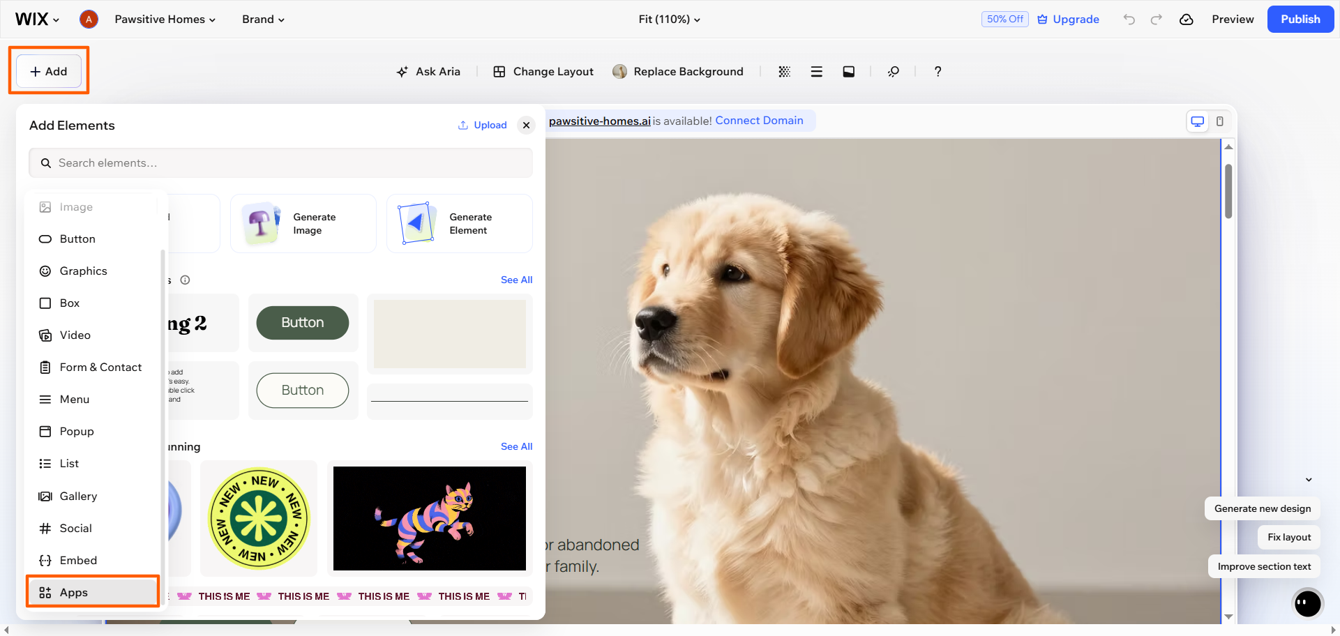 Wix Editor Add Elements panel open with the Apps category selected