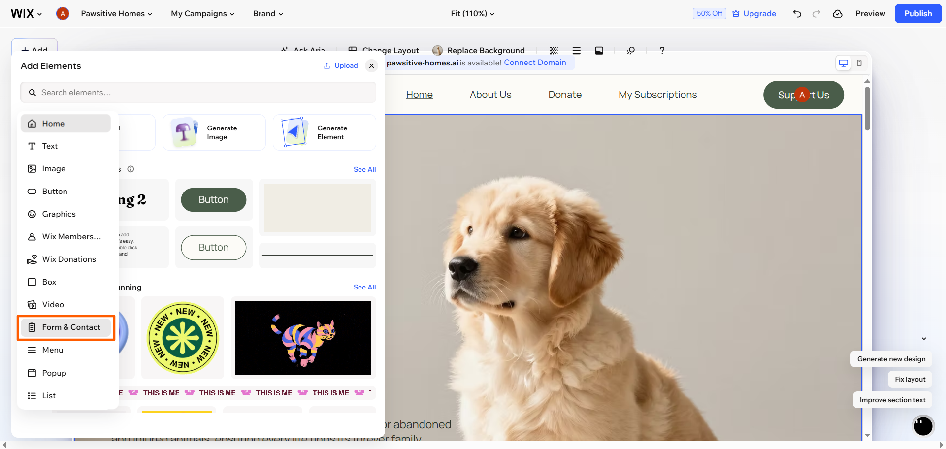 Wix Editor Add Elements panel open with the Form & Contact category highlighted