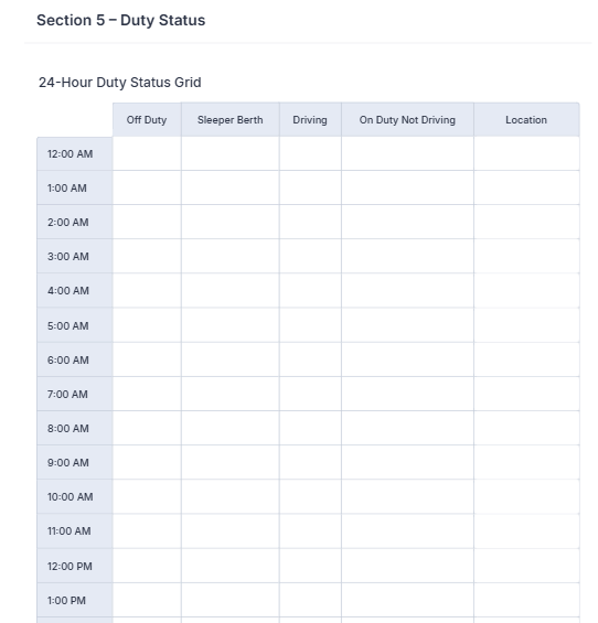 Jotform’s Delivery Driver Daily Log Form template, 24-Hour Duty Status Grid Section