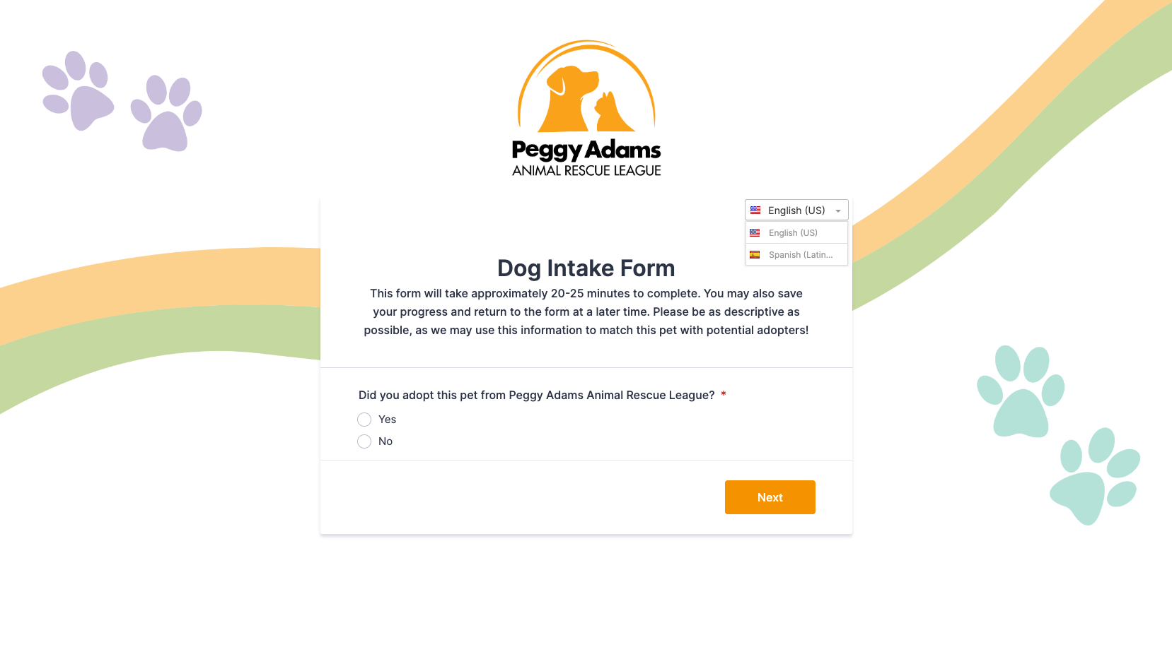 Image of the Dog Intake Form used by Peggy Adams Animal Rescue League