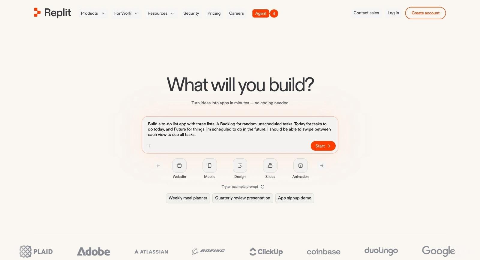 Getting started on Replit is as simple as typing in what you want to build