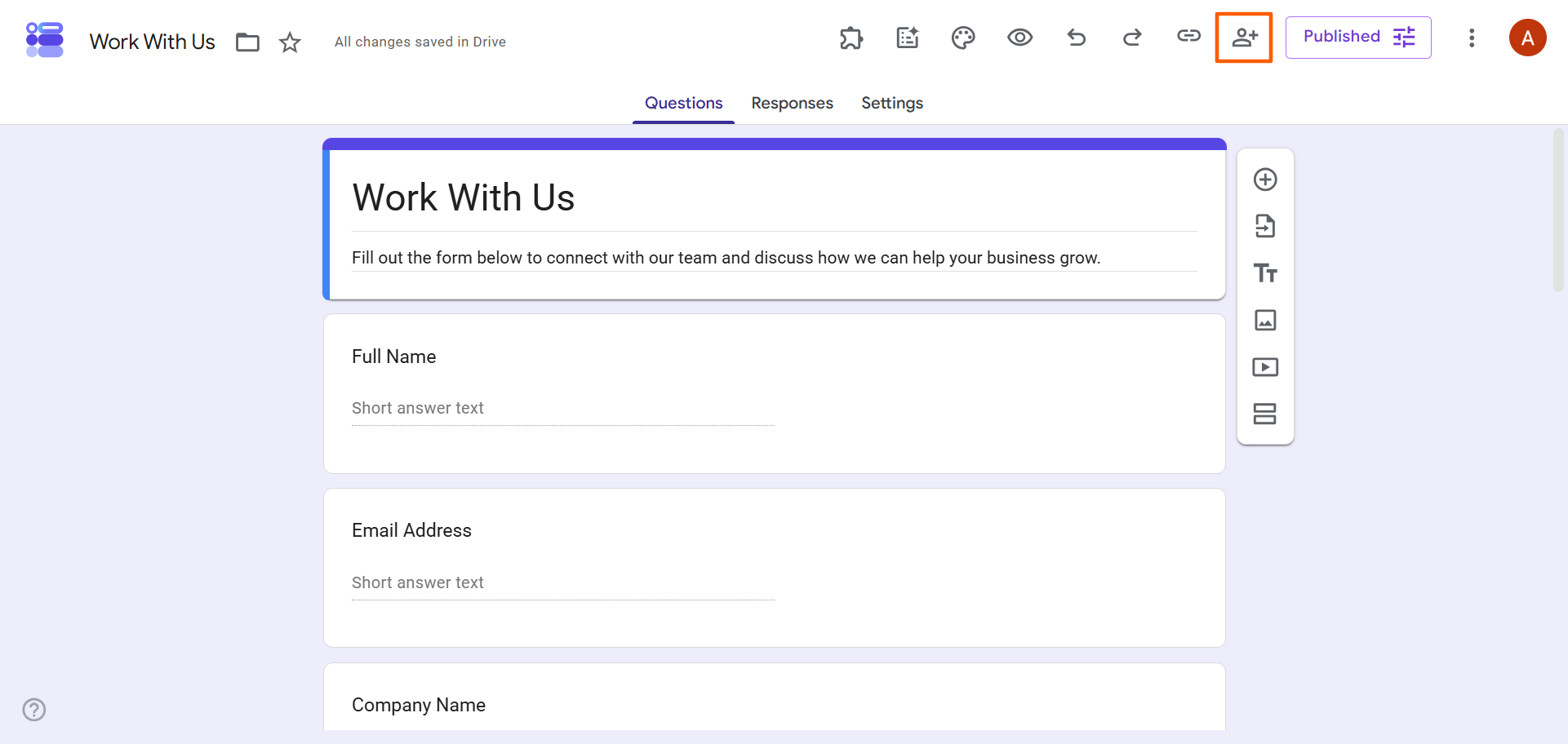 Google Form editor with the Share icon highlighted in the top-right toolbar