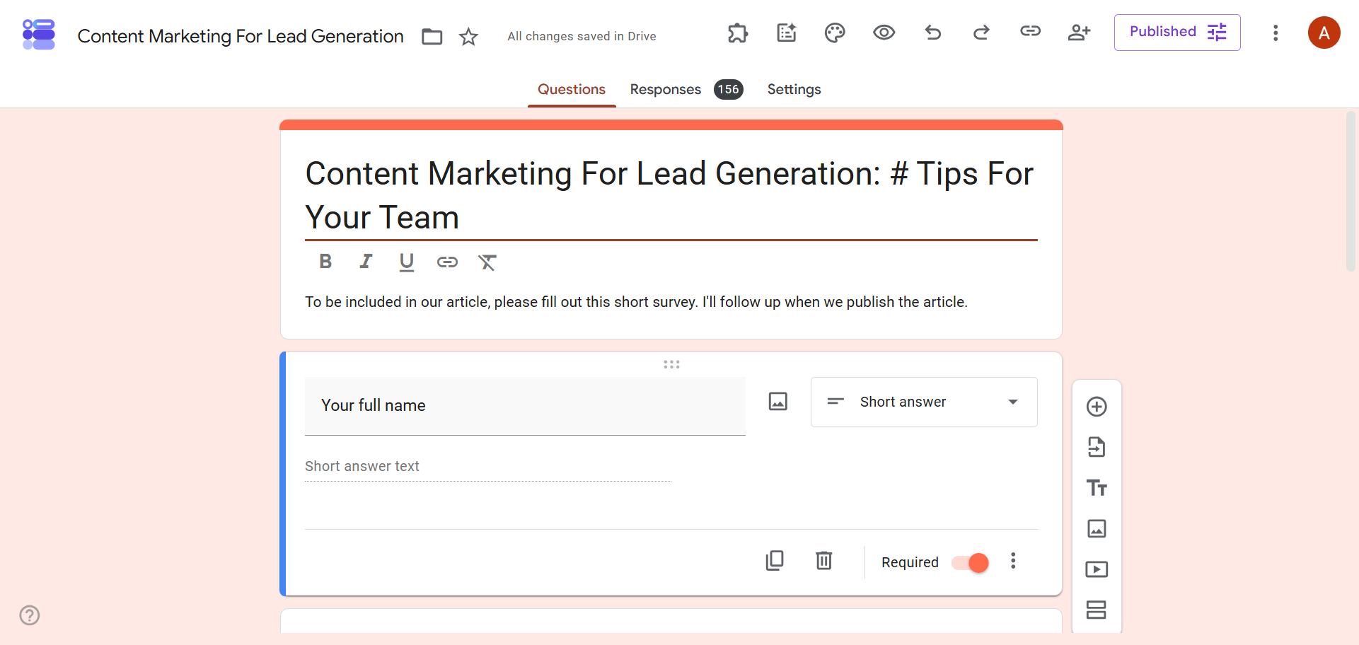 Google Form open in edit mode with the Questions tab selected