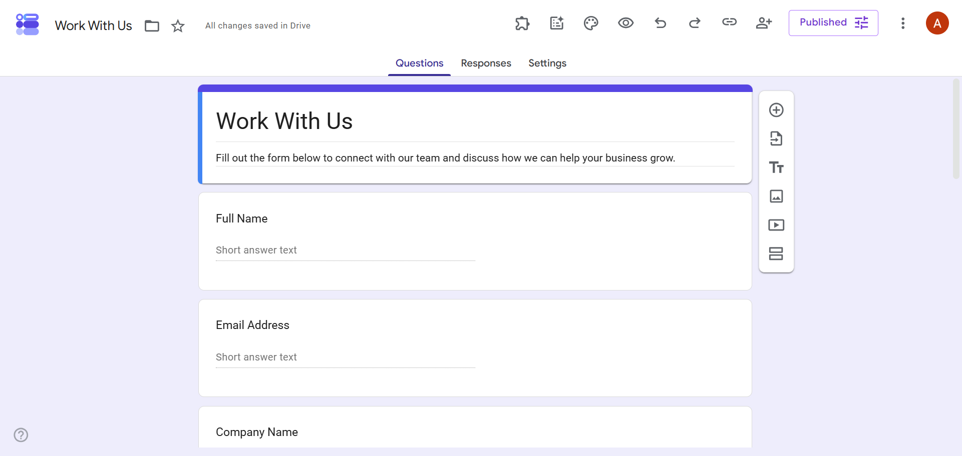 Google Form editor showing a “Work With Us” form with title and field sections highlighted