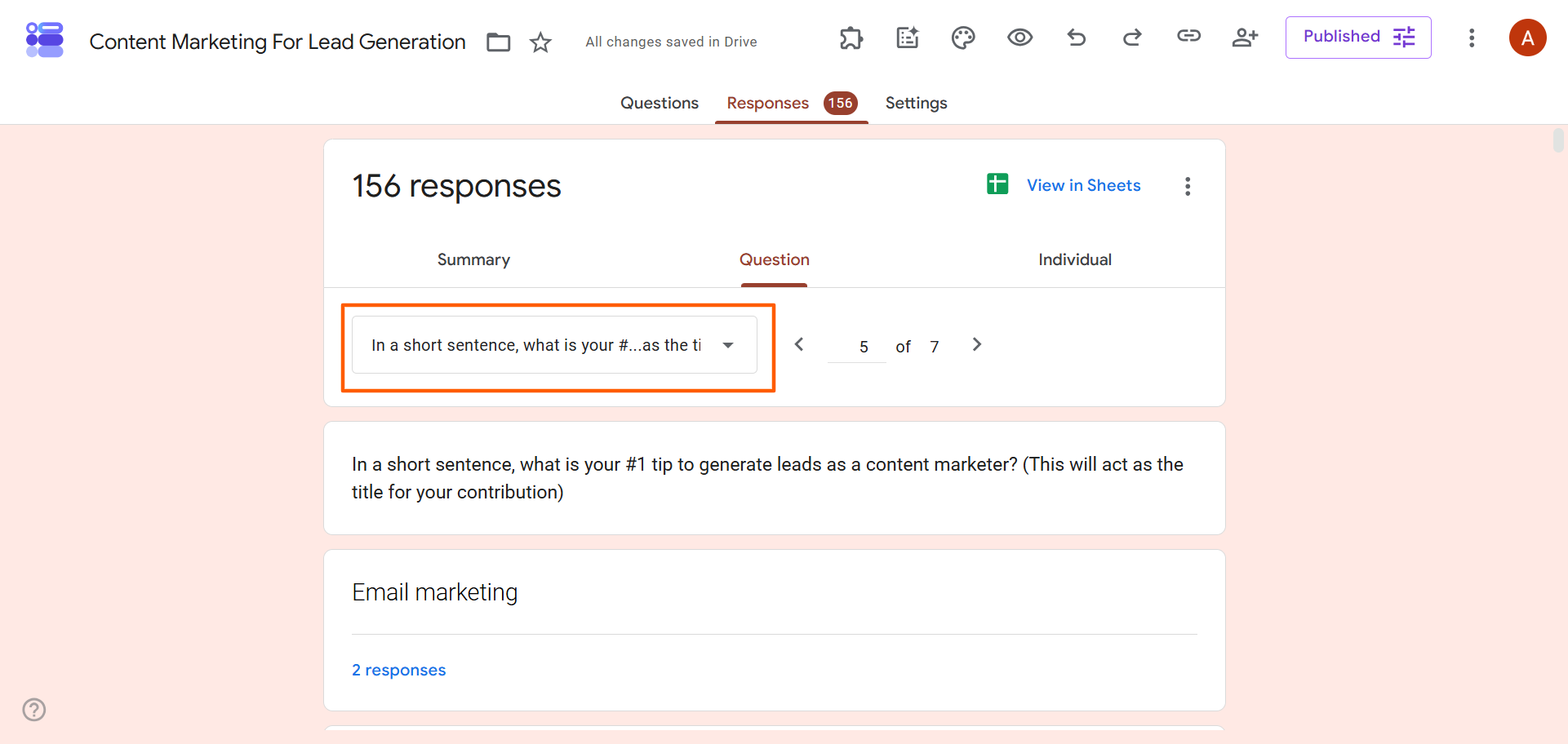 Question view showing responses for a selected form question