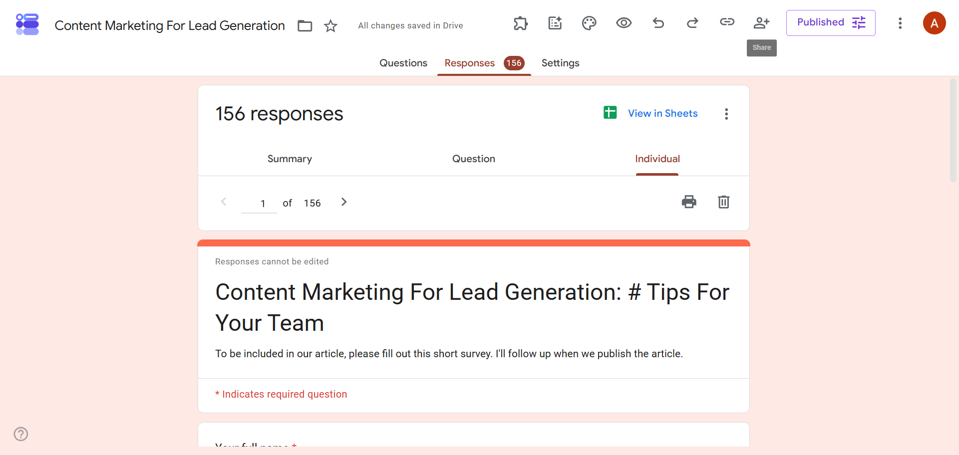 Google Forms Individual view displaying one submitted response