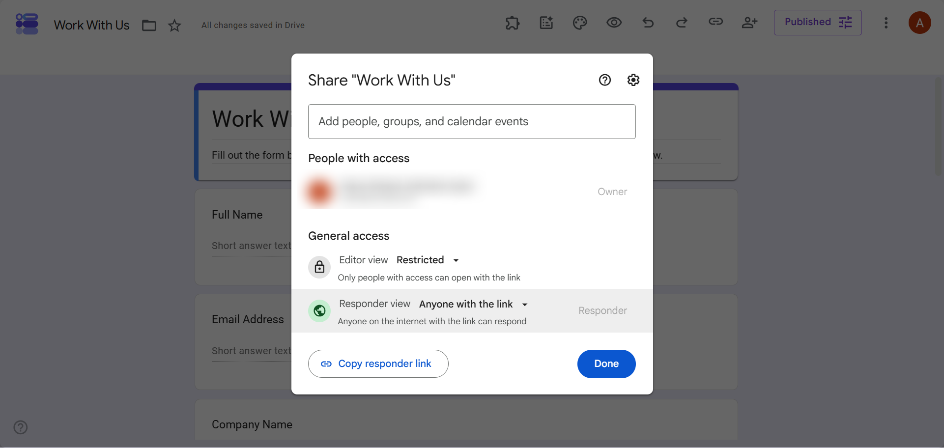 Google Forms sharing settings popup showing general access options