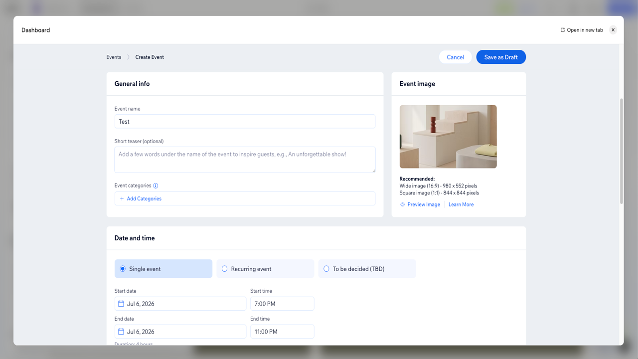 Wix Events event creation page showing event setup details