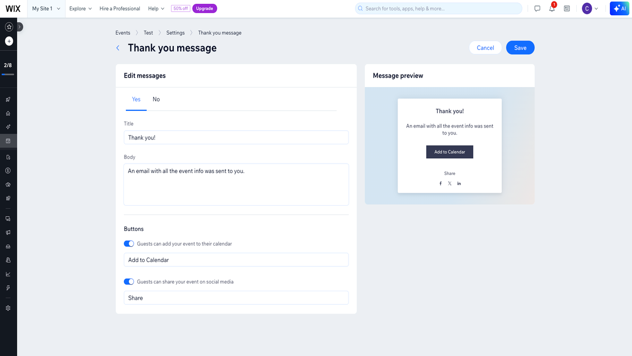 Wix Events thank-you message editor showing customizable confirmation text displayed after event registration