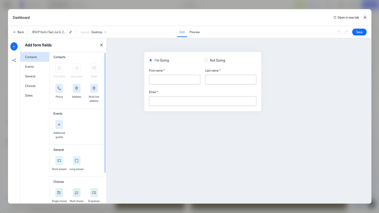 Wix Events RSVP form editor displaying customizable registration fields