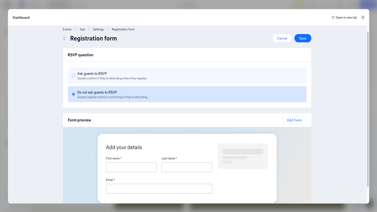 Wix Events registration form settings page showing RSVP configuration options