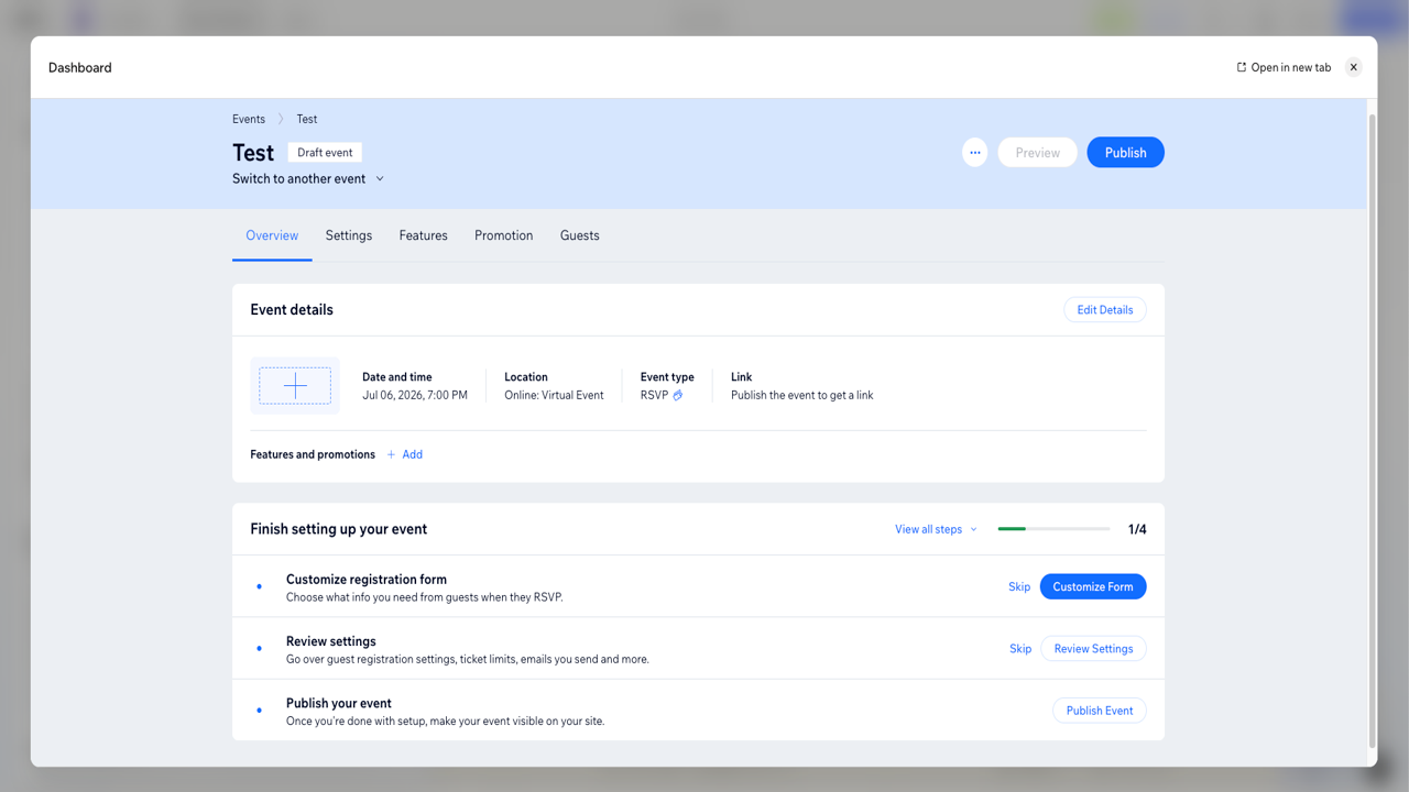 Wix Events event overview dashboard displaying a draft RSVP event setup