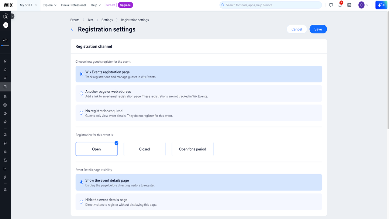Wix Events registration settings page displaying options for event registration channels, registration availability, and event details page visibility