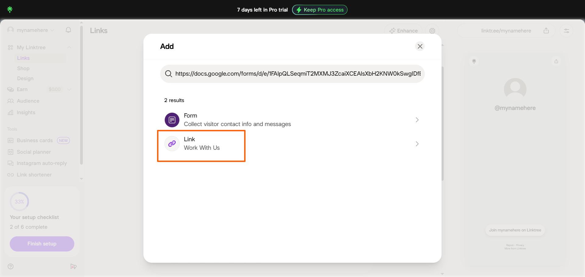 Linktree Add popup showing the Link option for a pasted Google Forms URL