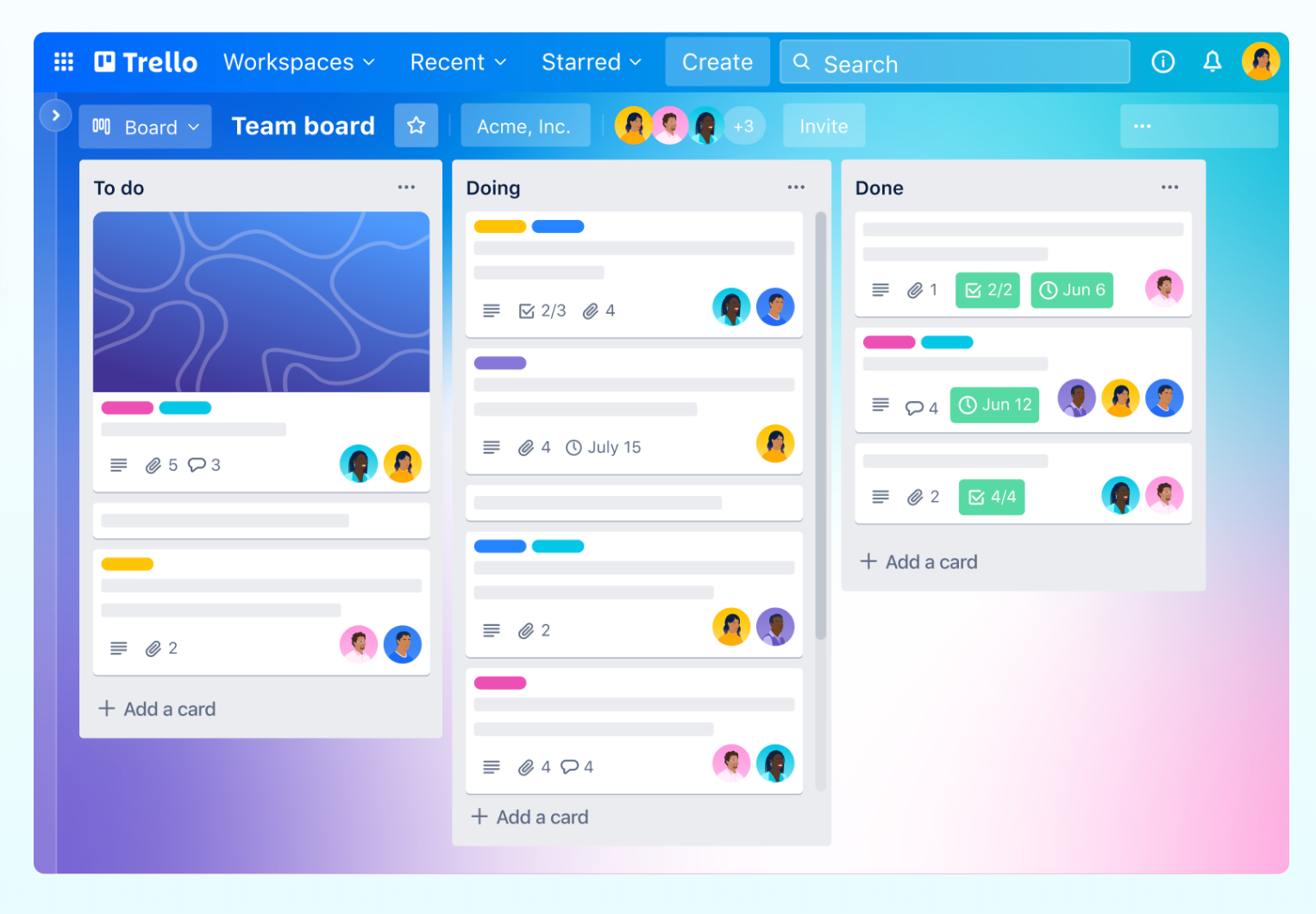 Example Trello interface showing three boards ("To do," "Doing," and "Done") as well as assignees, attachments, and task progress