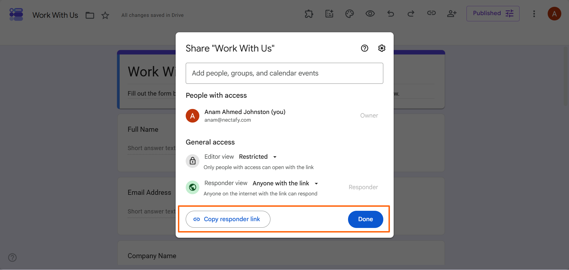 Google Forms sharing popup with the Copy responder link and Done buttons highlighted