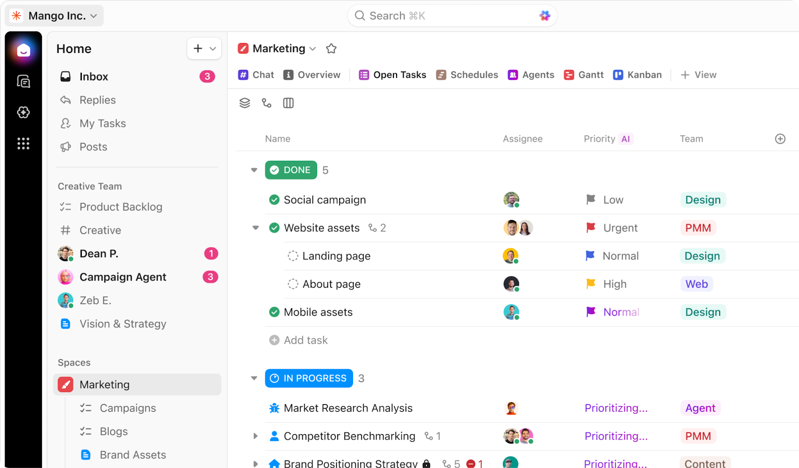 Example ClickUp interface showing "Done" and "In progress" tasks as well as assignees, priority levels, and team tags