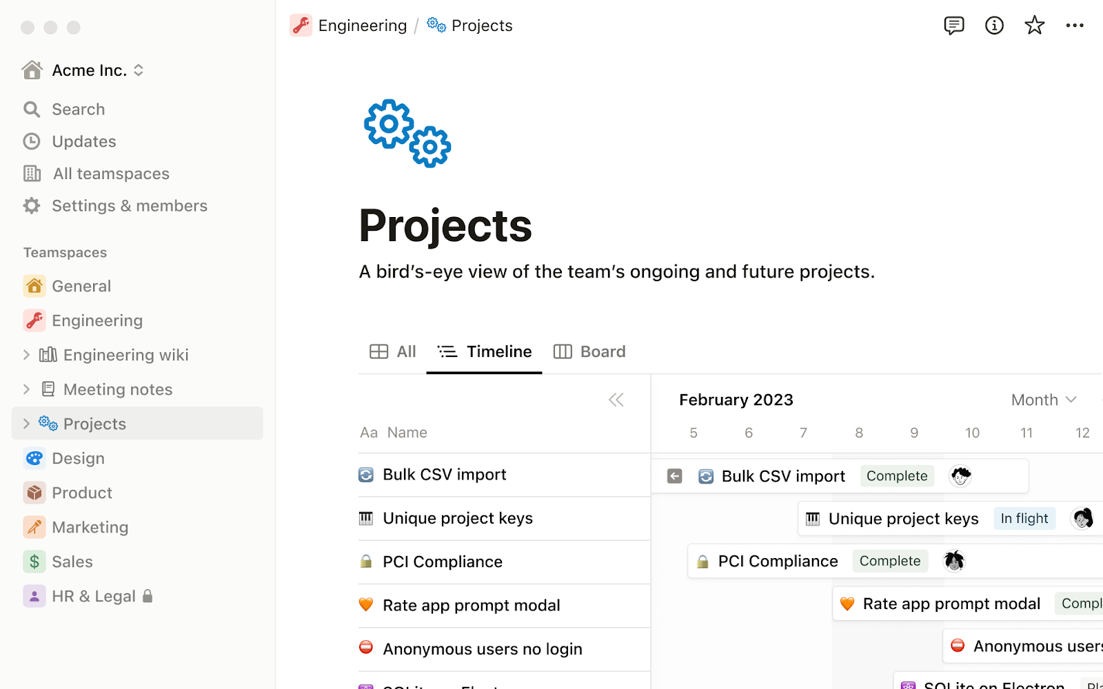 Example Notion interface showing a project timeline with a list of tasks shown in a Gantt-style view