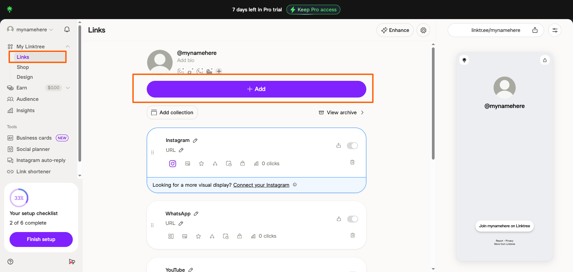 Linktree dashboard with the Links tab and Add button highlighted