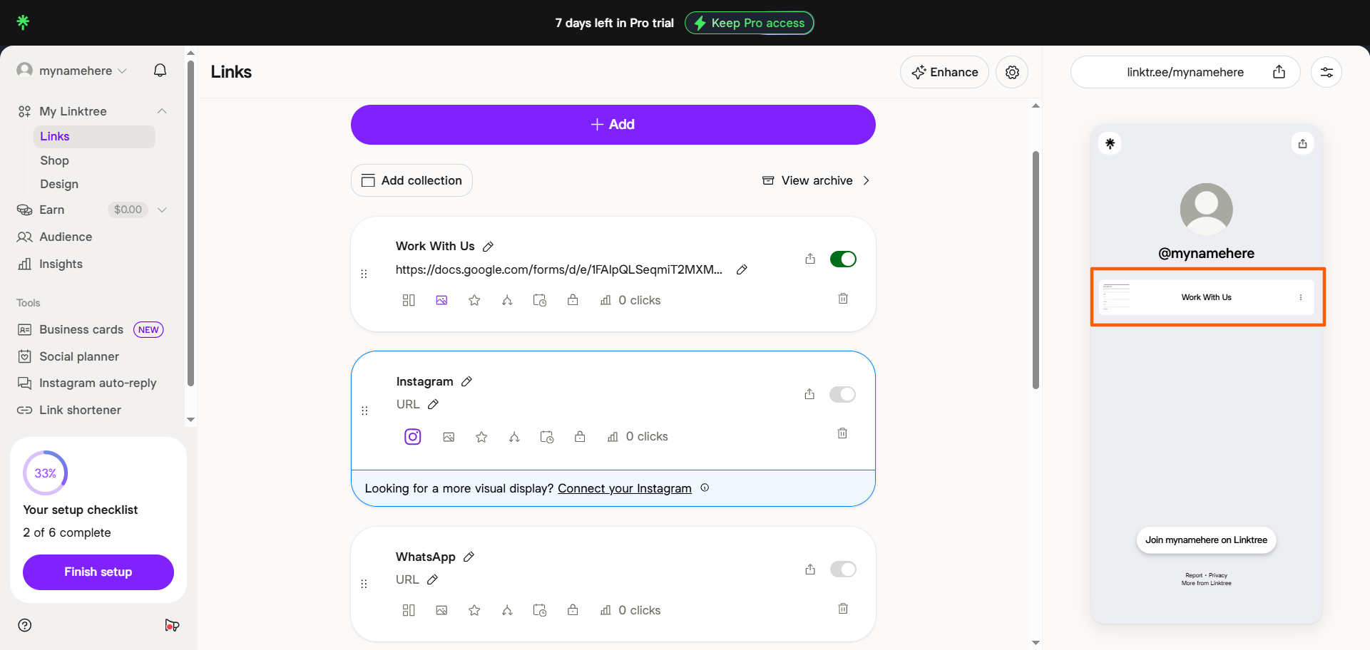 Linktree dashboard showing the added Google Form link and the button preview highlighted