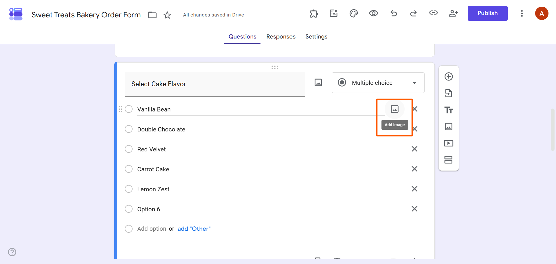 Product selection question in Google Forms with the Add image icon highlighted