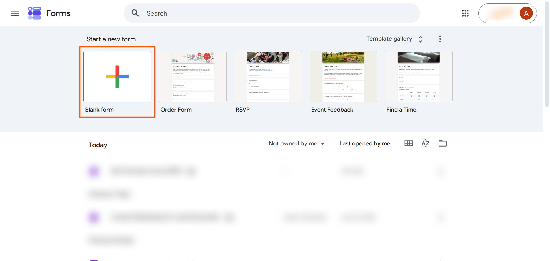 Google Forms template gallery with the Blank form option highlighted