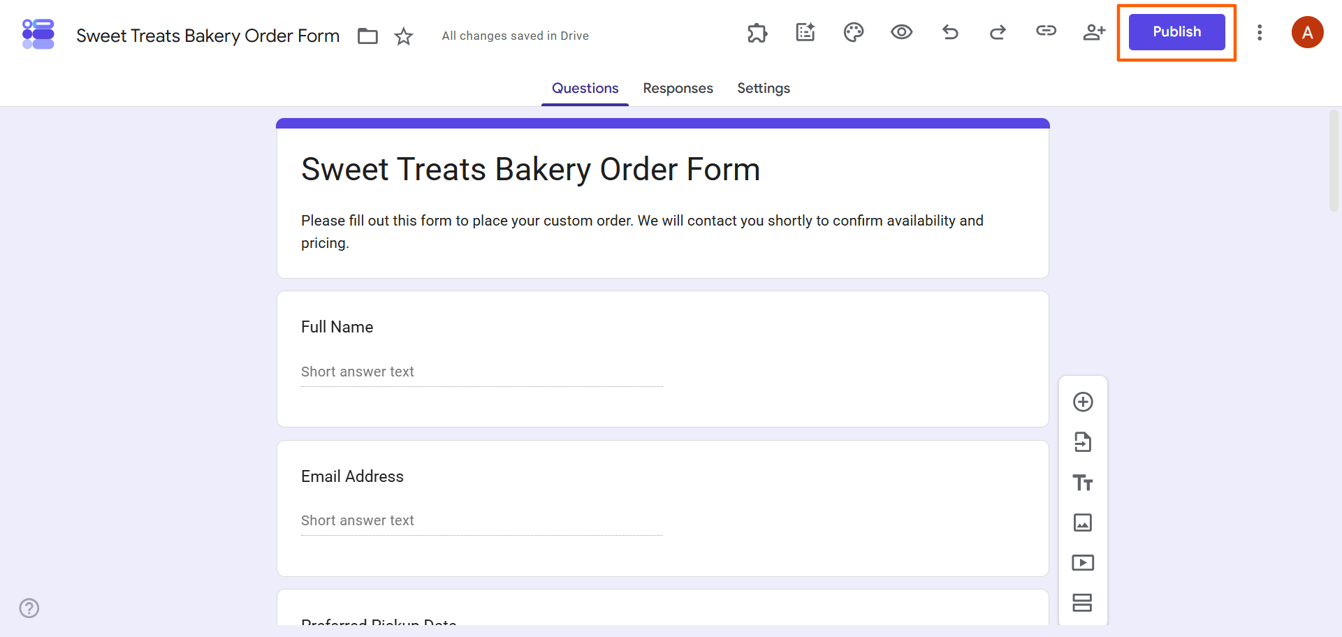 Finished bakery order form in Google Forms with the Publish button highlighted