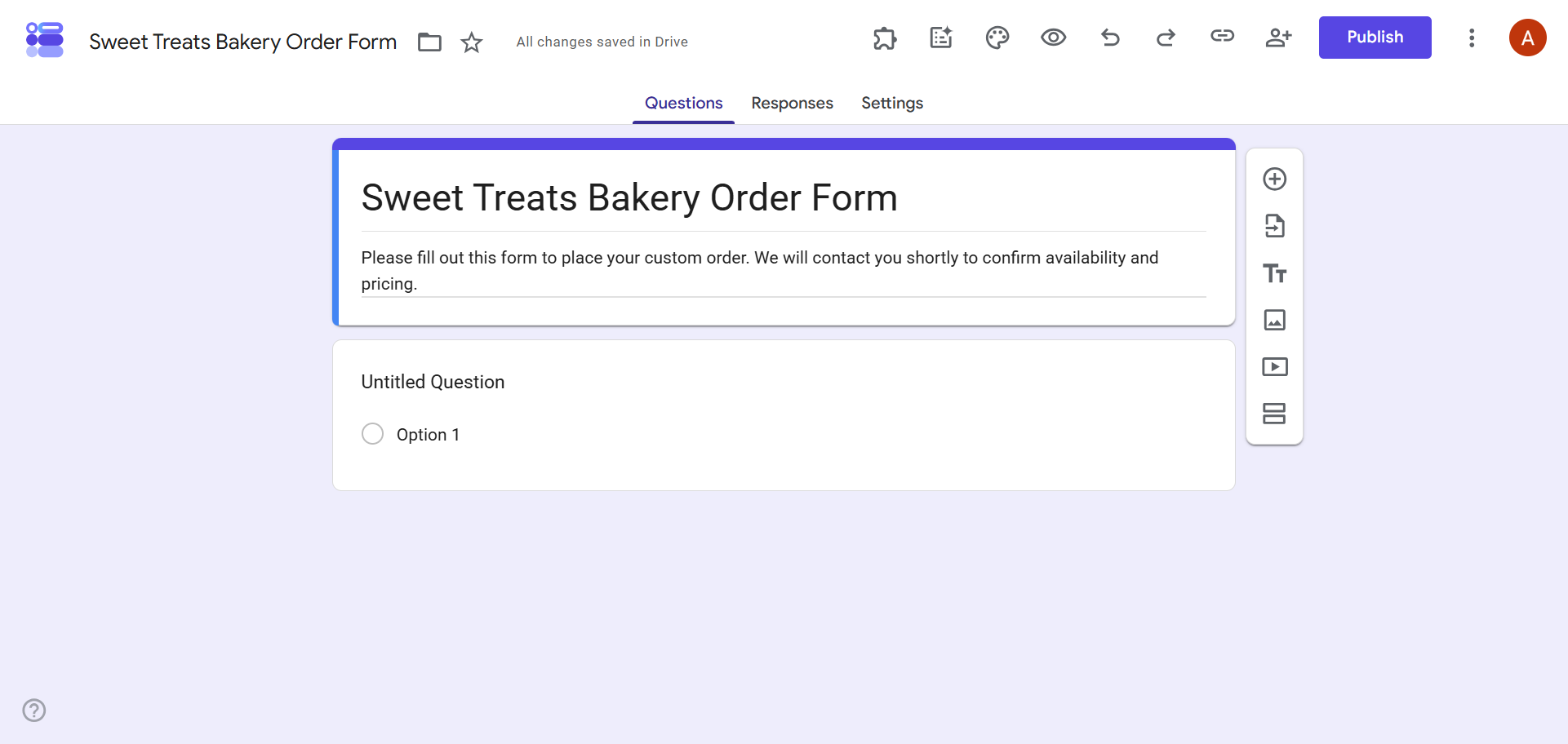 Google Forms editor showing the title “Sweet Treats Bakery Order Form” and a short description